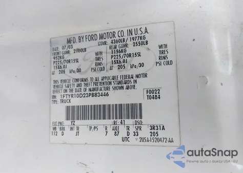 2003 Ford Ranger Xl/Xlt из США, поврежденный, VIN 1FTYR10D23PB83446